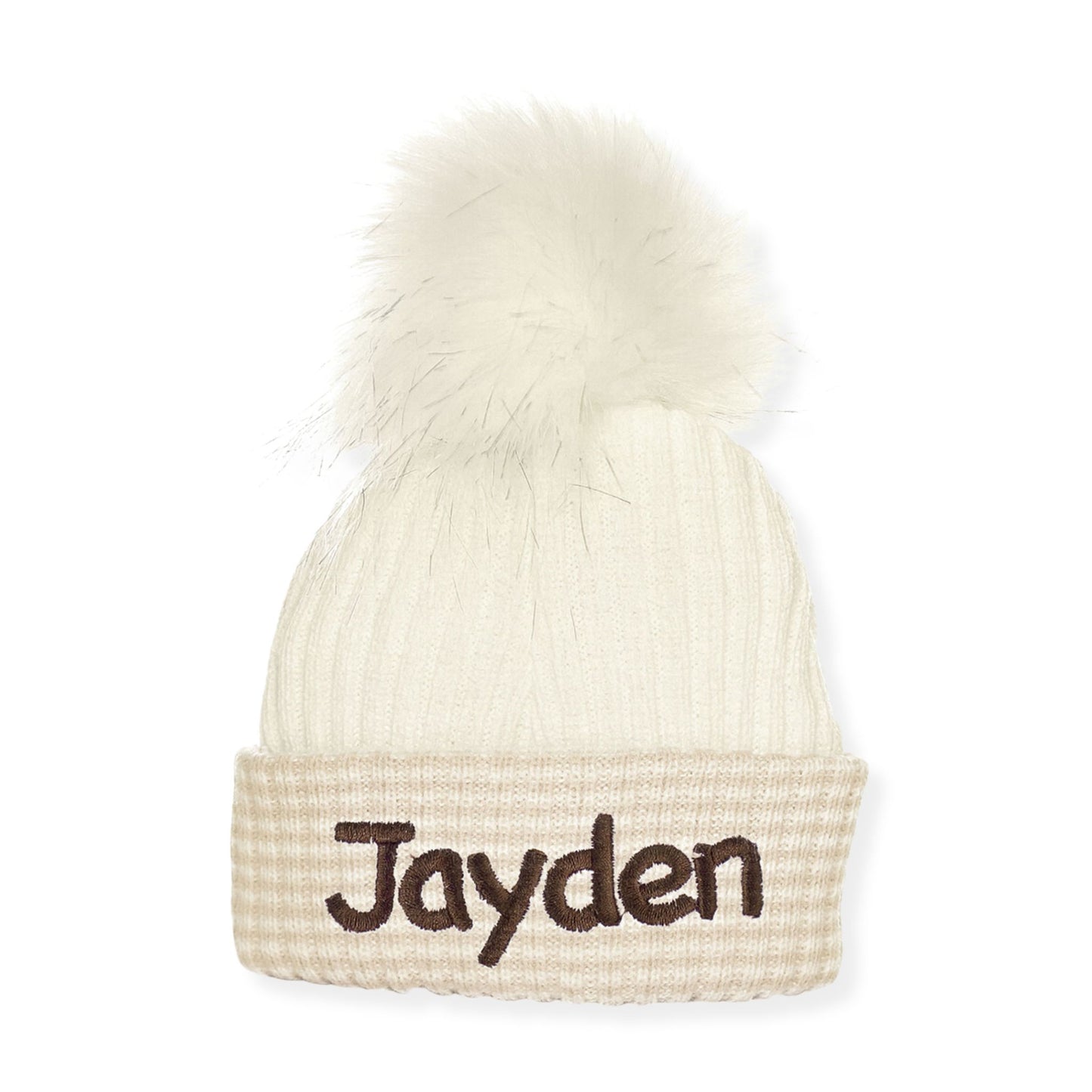 Beige beanie with a white pom-pom and 'Jayden' embroidered on a white background