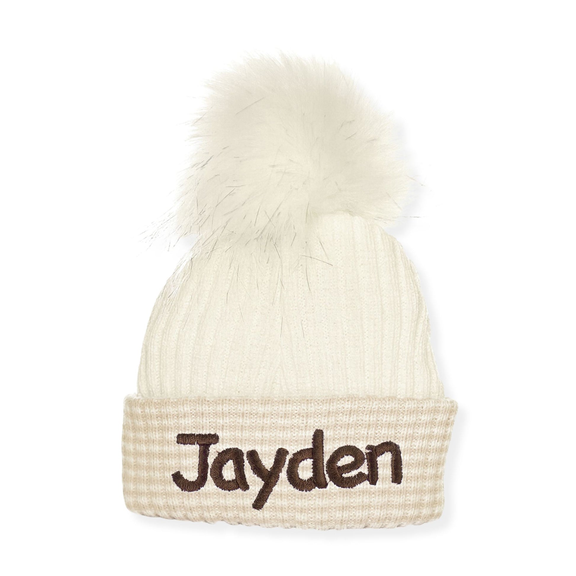 Beige beanie with a white pom-pom and 'Jayden' embroidered on a white background