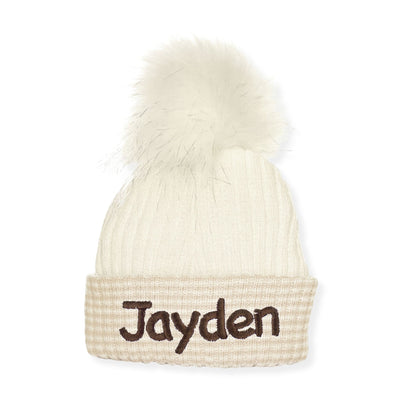 Personalised Off White & Beige Pom Pom Newborn Baby Hat