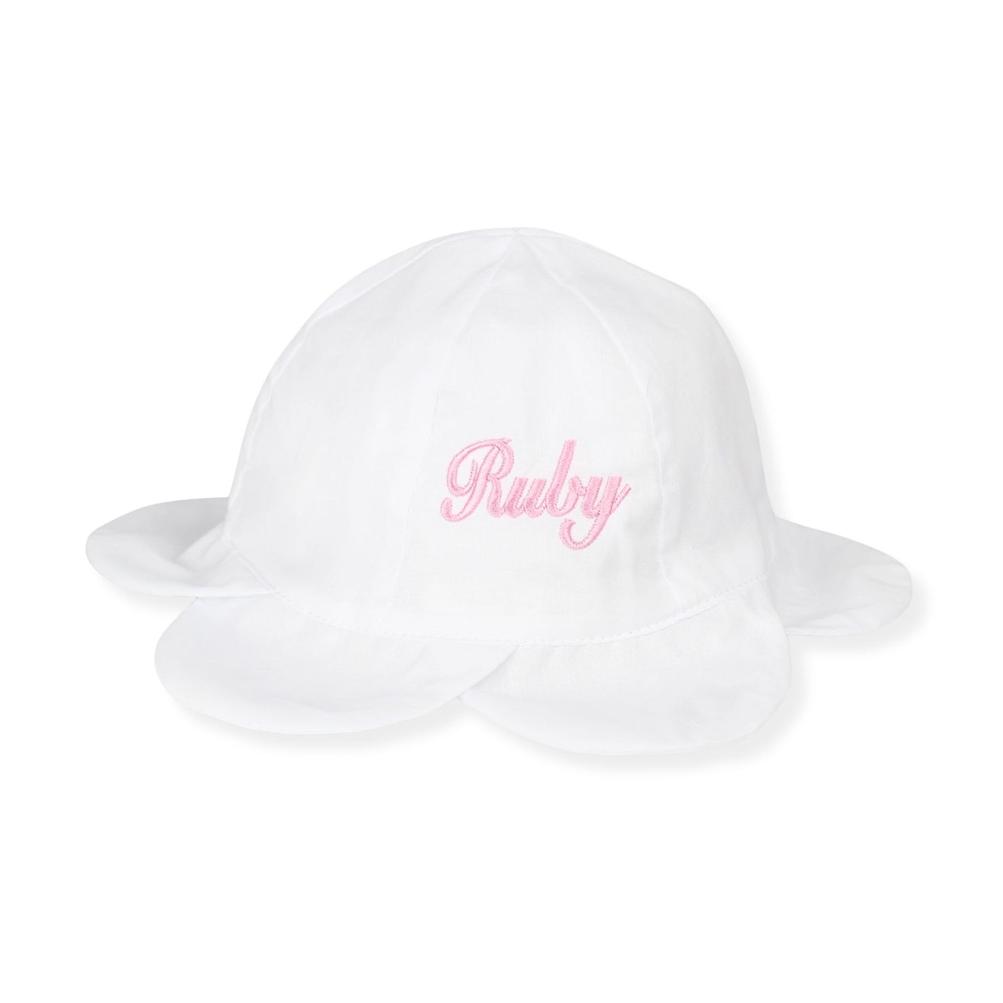 White bucket hat with 'Ruby' embroidered in pink on a white background