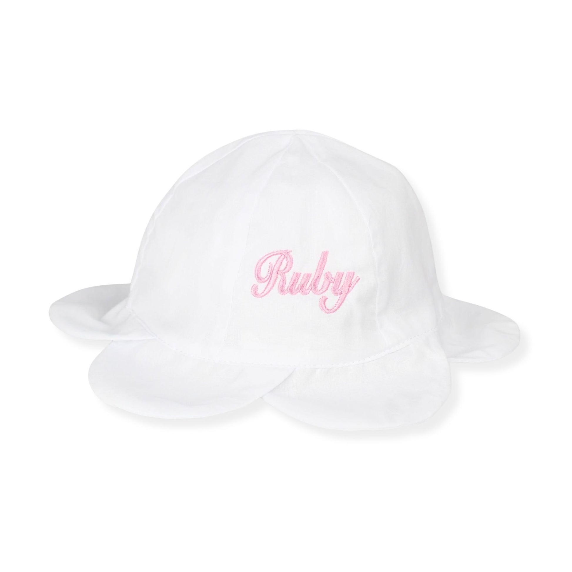 White bucket hat with 'Ruby' embroidered in pink on a white background