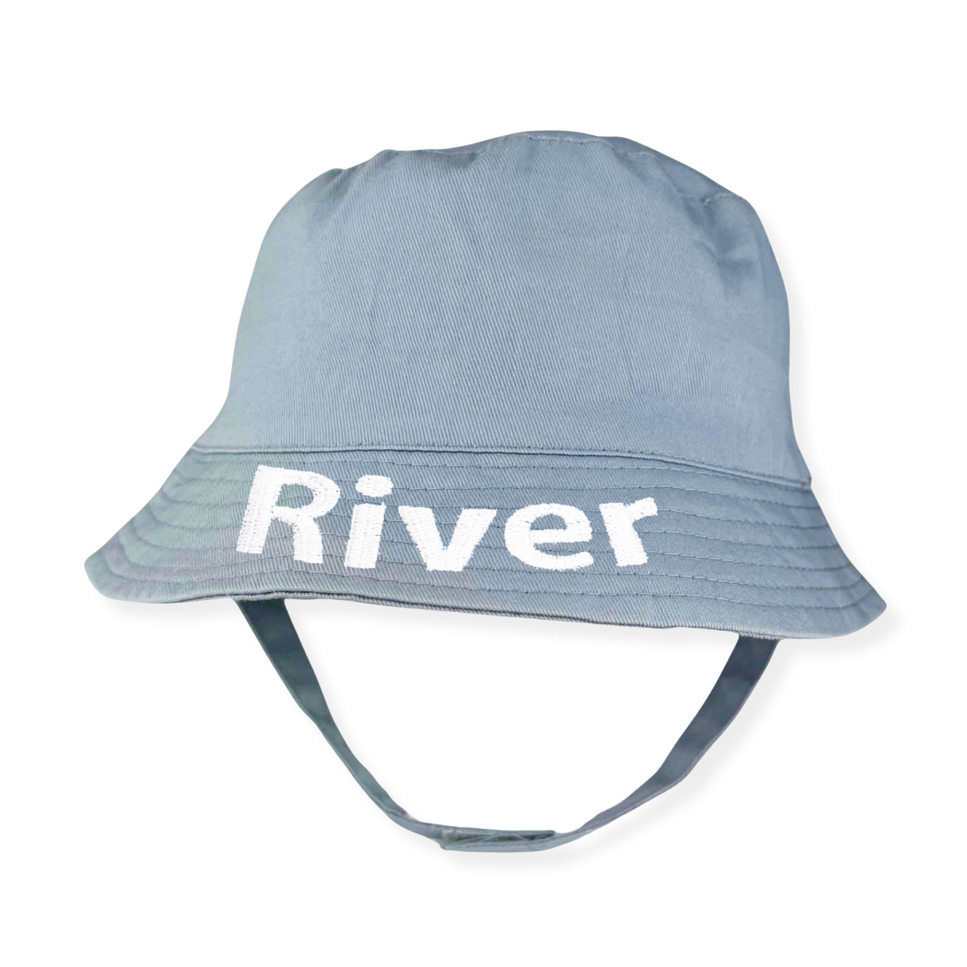 Blue bucket hat with 'River' text on a white background