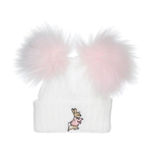 White beanie with pink and white pom-poms and a embroidered design on a white background