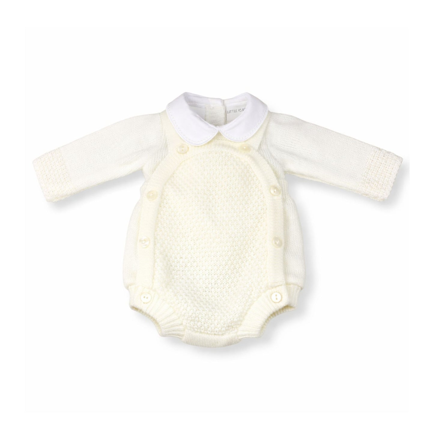 Knitted baby romper with a white collar on a white background