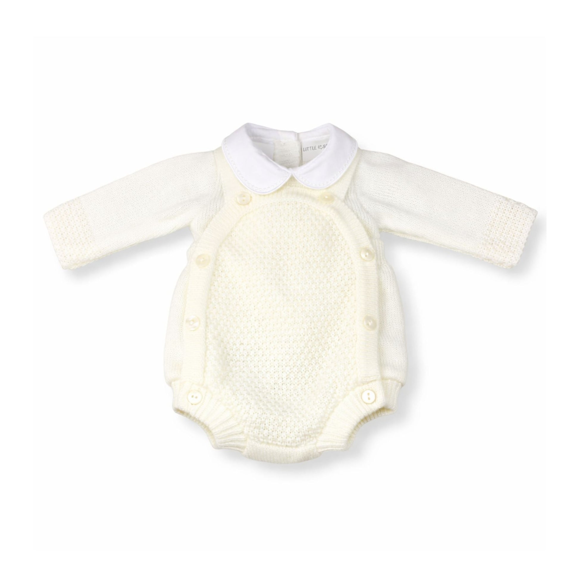Knitted baby romper with a white collar on a white background