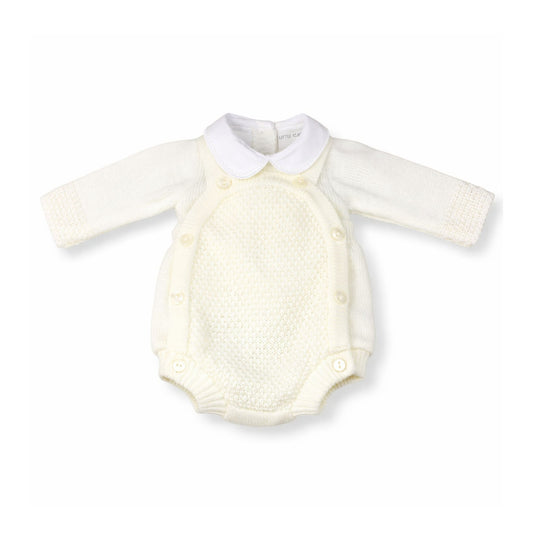 Knitted baby romper with a white collar on a white background