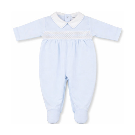 Light blue baby romper with white collar on a white background
