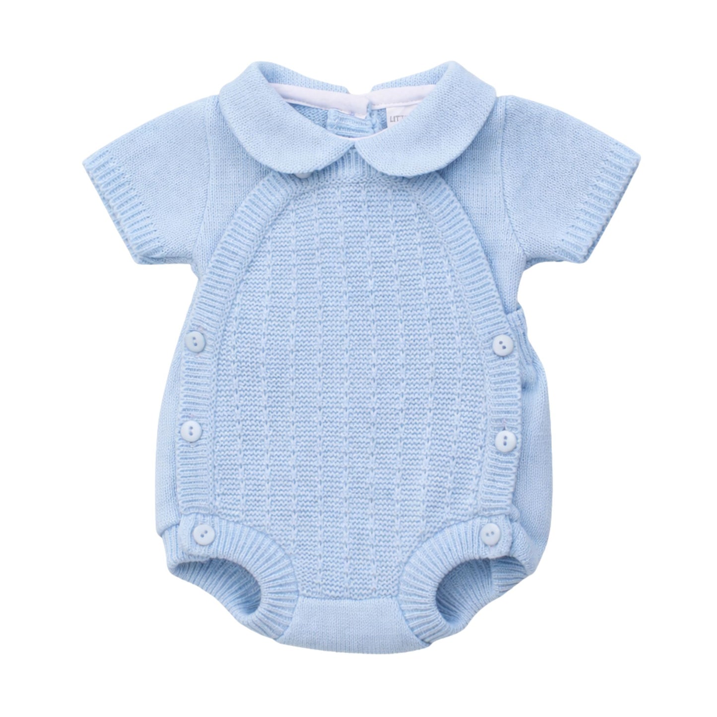 Light blue knitted baby romper with a collar on a white background