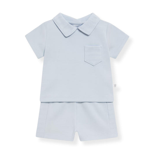 Baby Boys Blue Two Piece Summer Outfit with Collar & Shorts