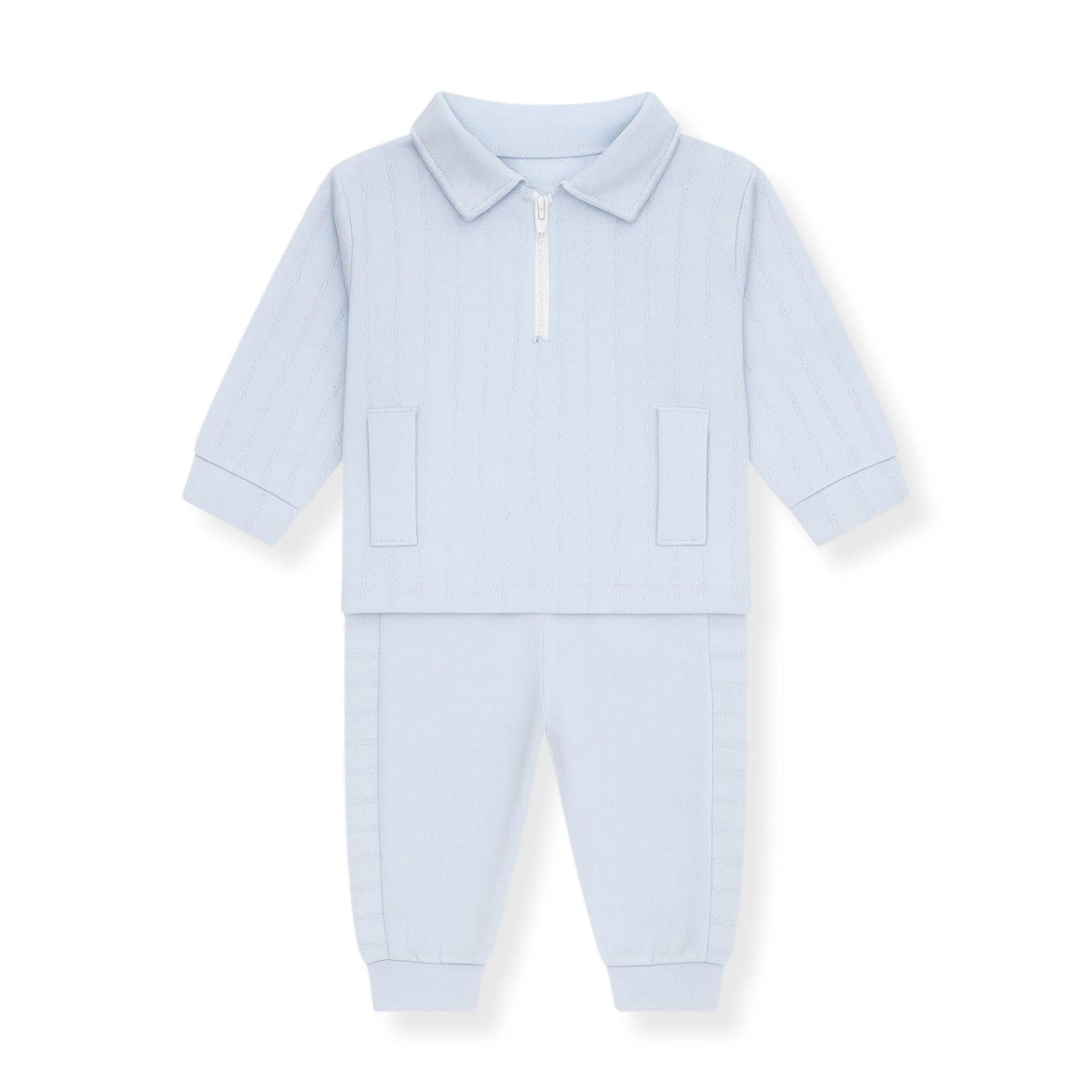 Light blue baby outfit with a collar on a white background