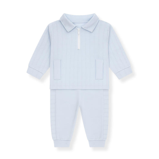 Light blue baby outfit with a collar on a white background
