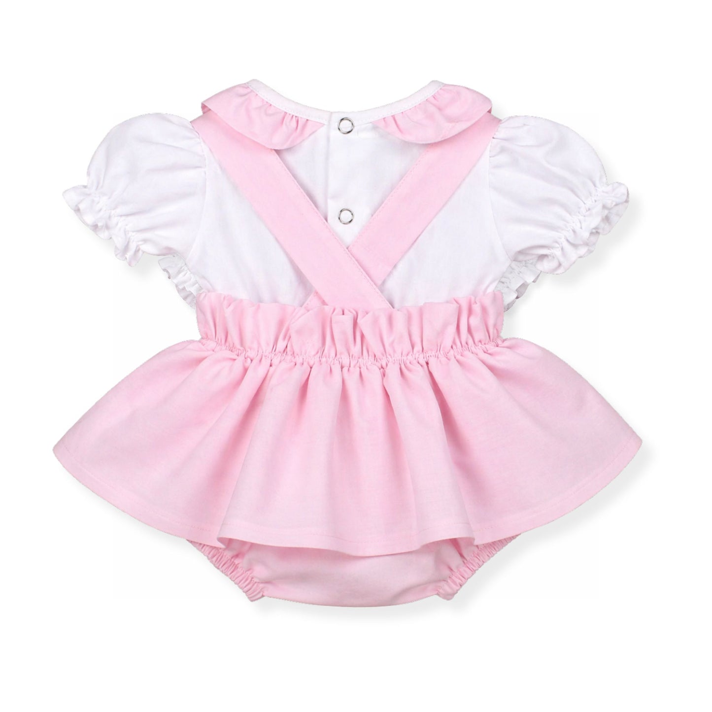Pink baby romper with white ruffled top on a white background