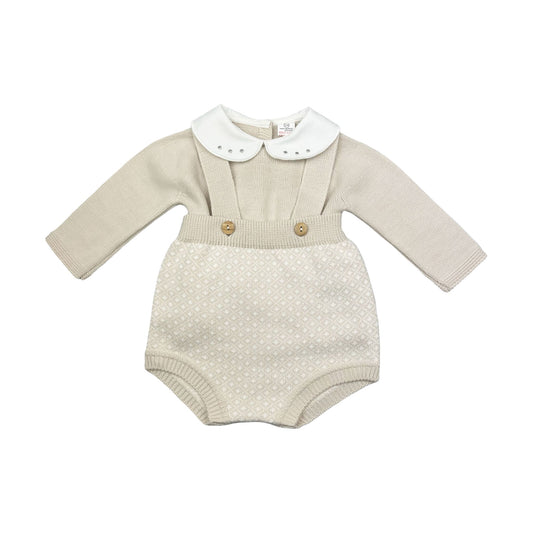 Baby romper with long sleeves and a collar on a white background