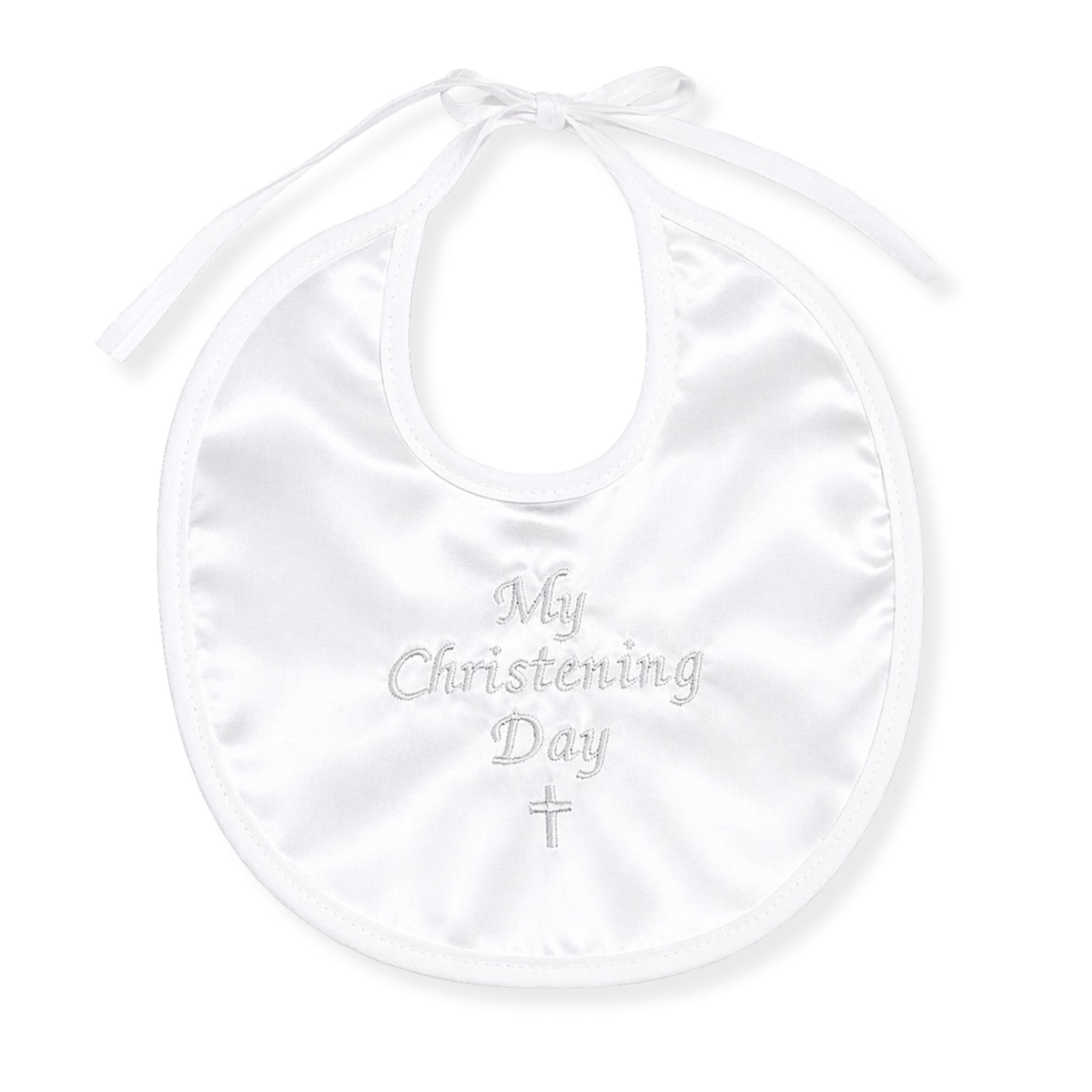 White bib with 'My Christening Day' text on a white background