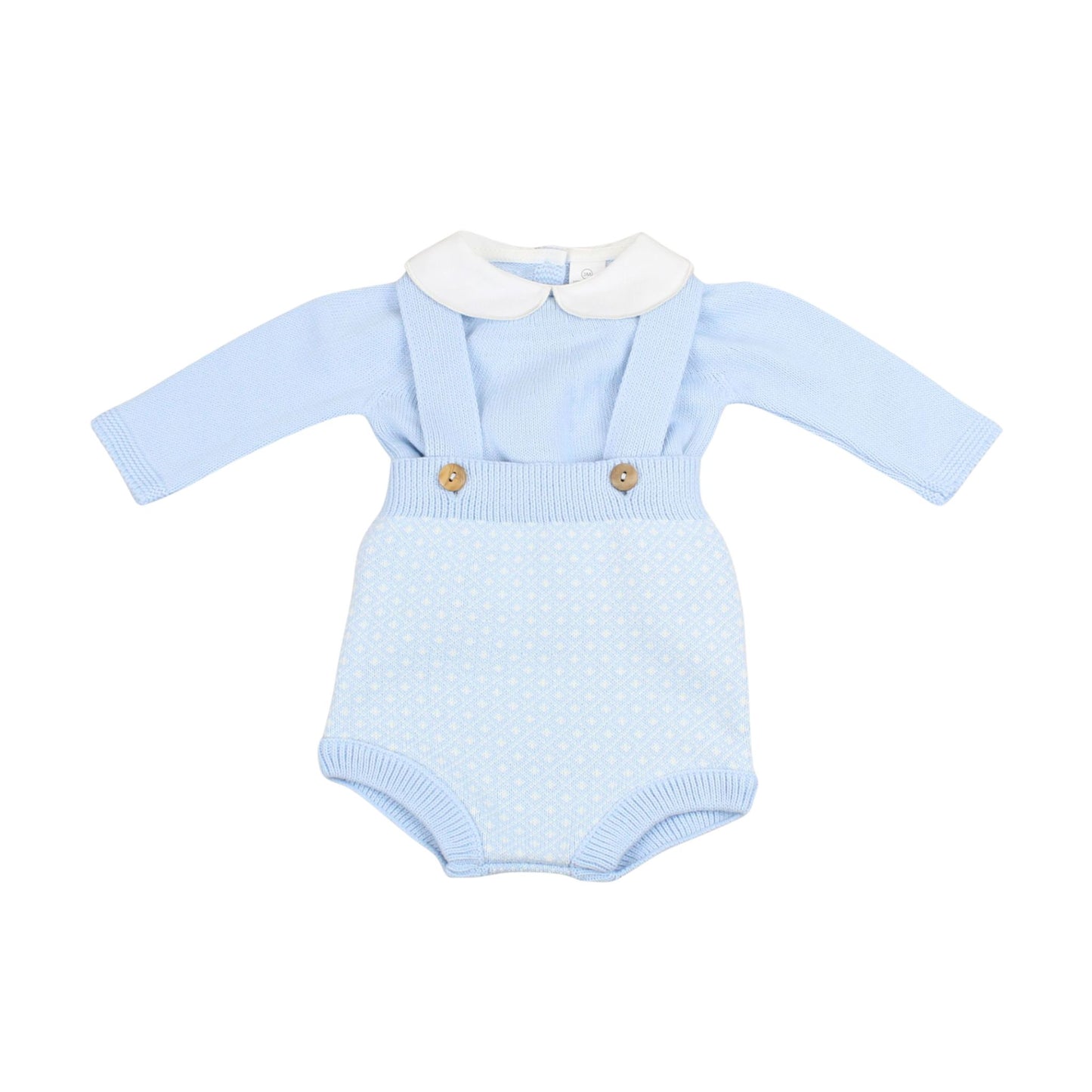 Light blue knitted two piece outfit with white collar on a white background