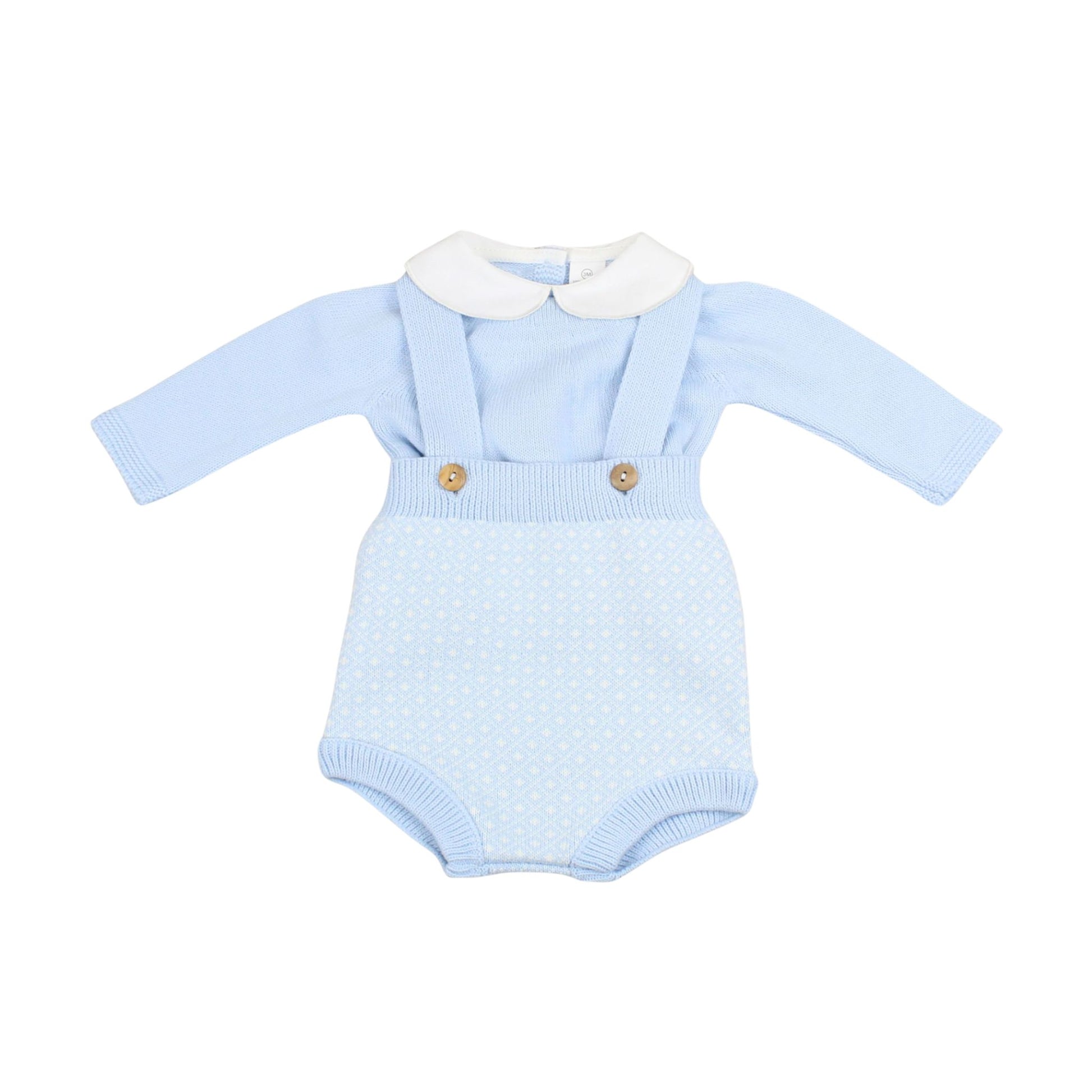 Light blue knitted two piece outfit with white collar on a white background
