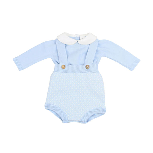 Light blue knitted two piece outfit with white collar on a white background