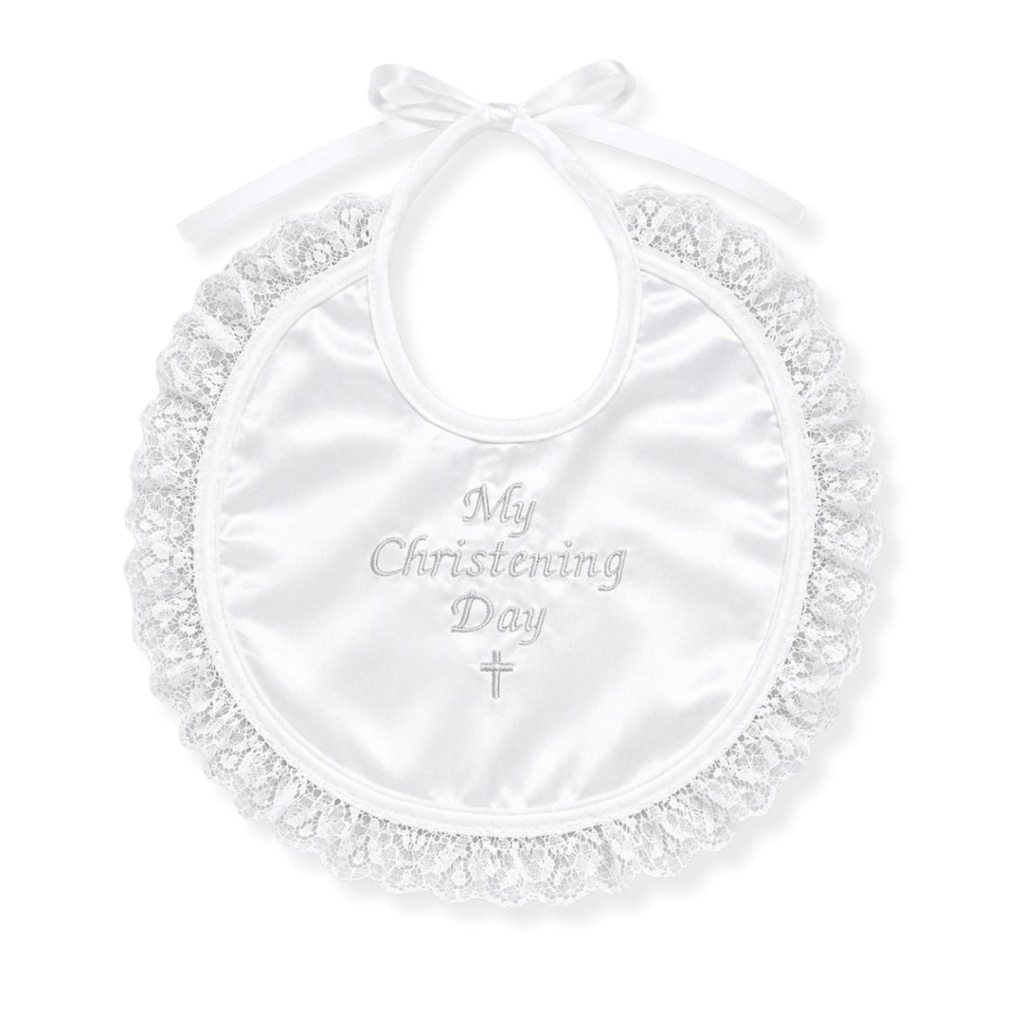 White bib with lace trim and 'My Christening Day' text on a white background