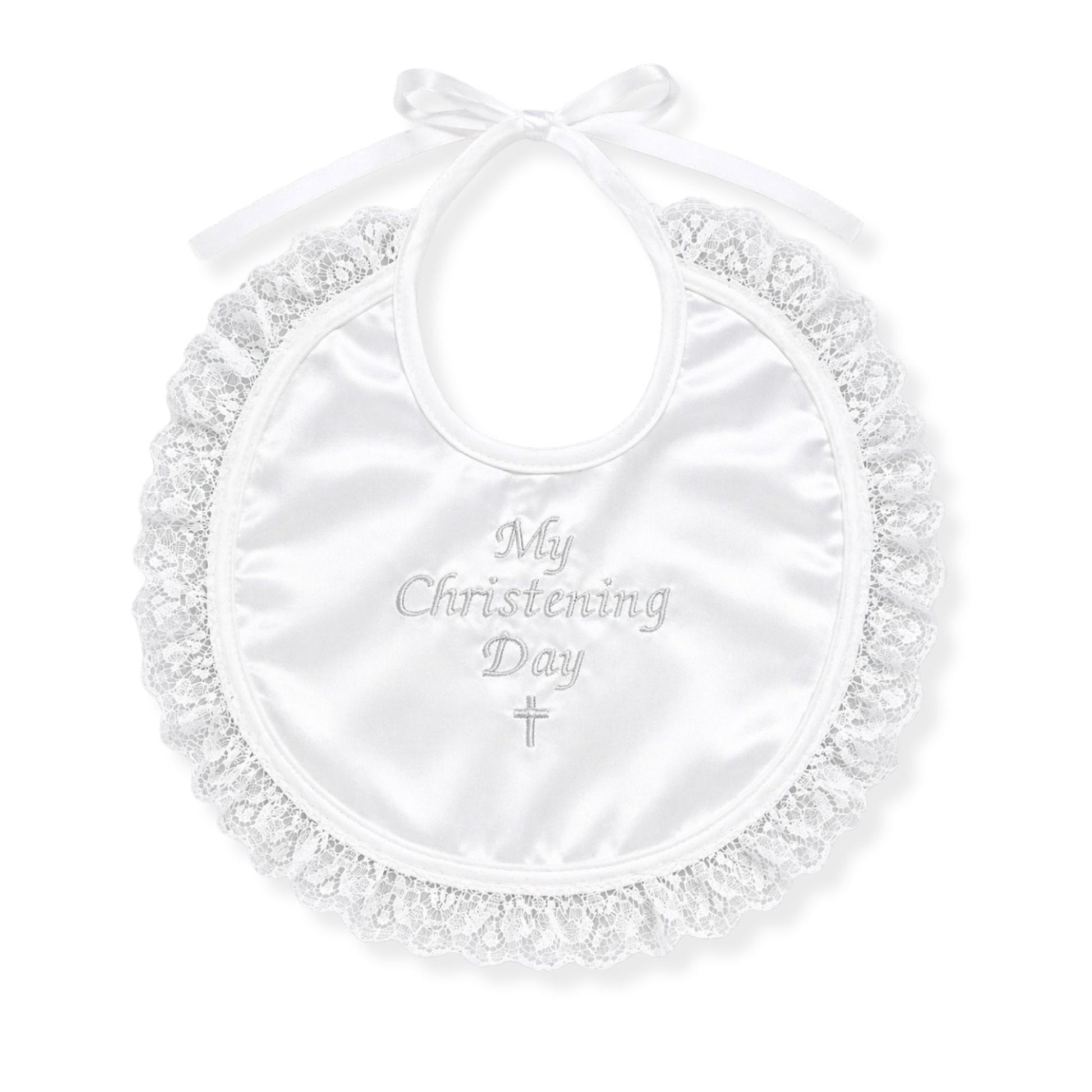 White bib with lace trim and 'My Christening Day' text on a white background