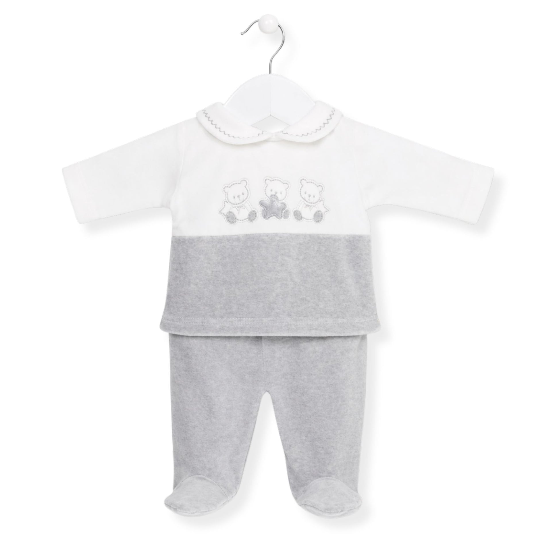 Baby outfit with white shirt and gray pants on a hanger against a white background