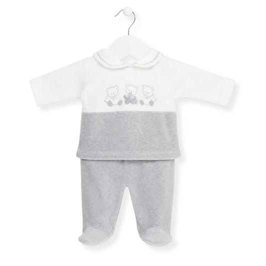Baby outfit with white shirt and gray pants on a hanger against a white background