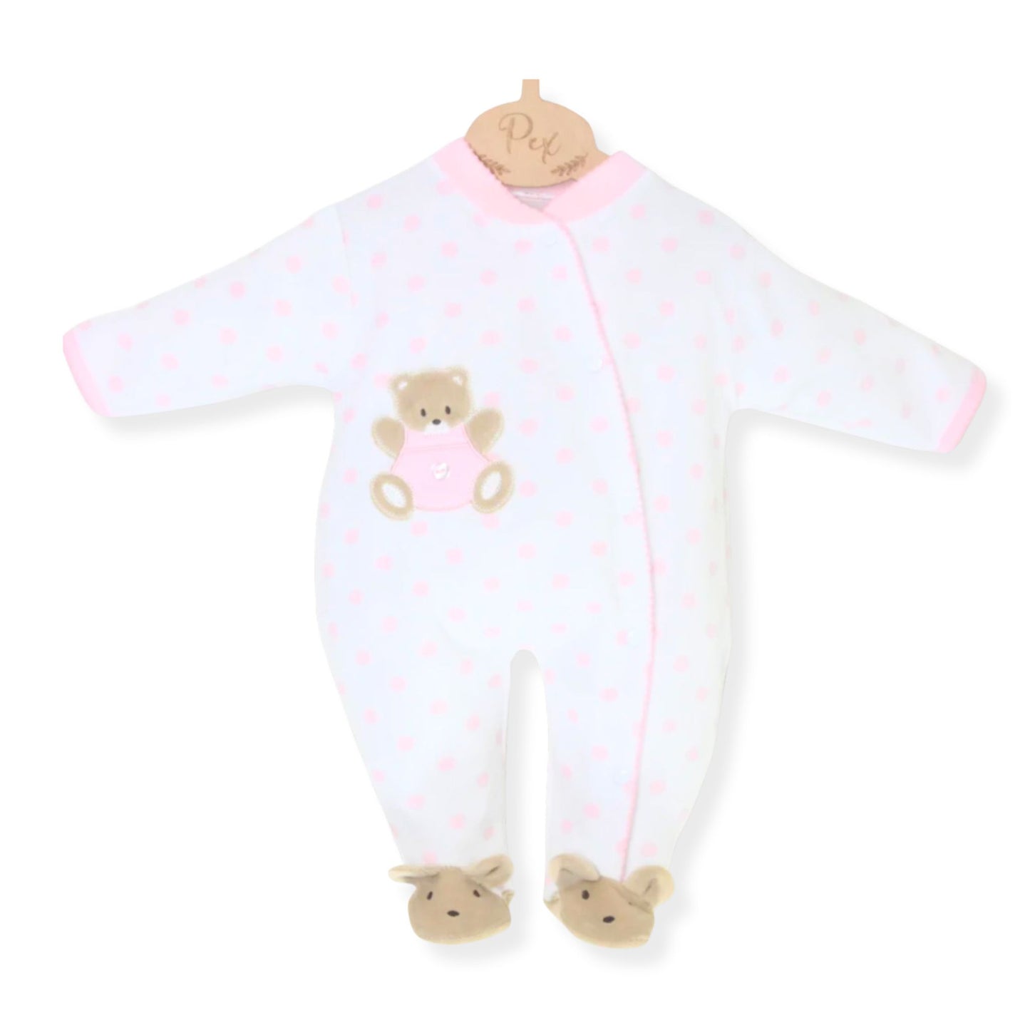 Baby Girls Teddy Polka Dot Velour Snuggle Sleepsuit - Pink and White - Pex