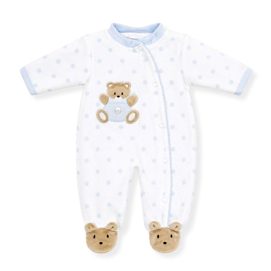Baby onesie with teddy bear design on a white background