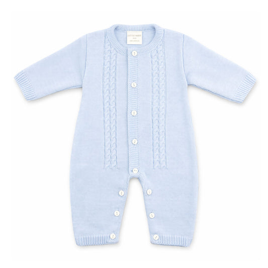 Light blue knitted baby romper with buttons on a white background