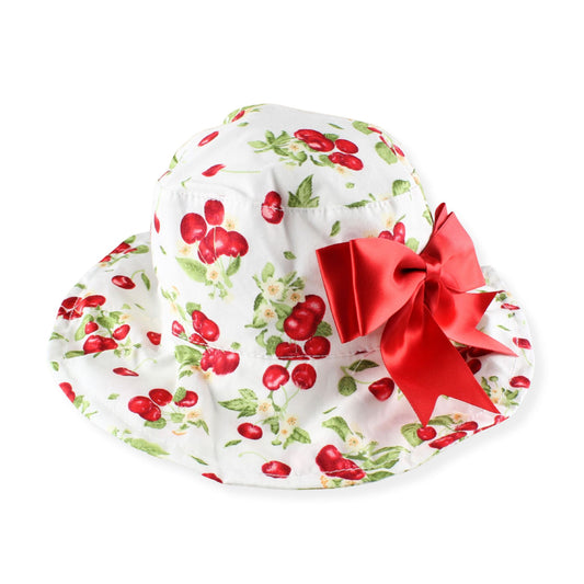 Floral-patterned hat with a red bow on a white background