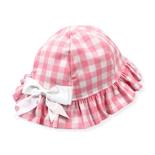 Pink and white checkered hat with a bow on a white background