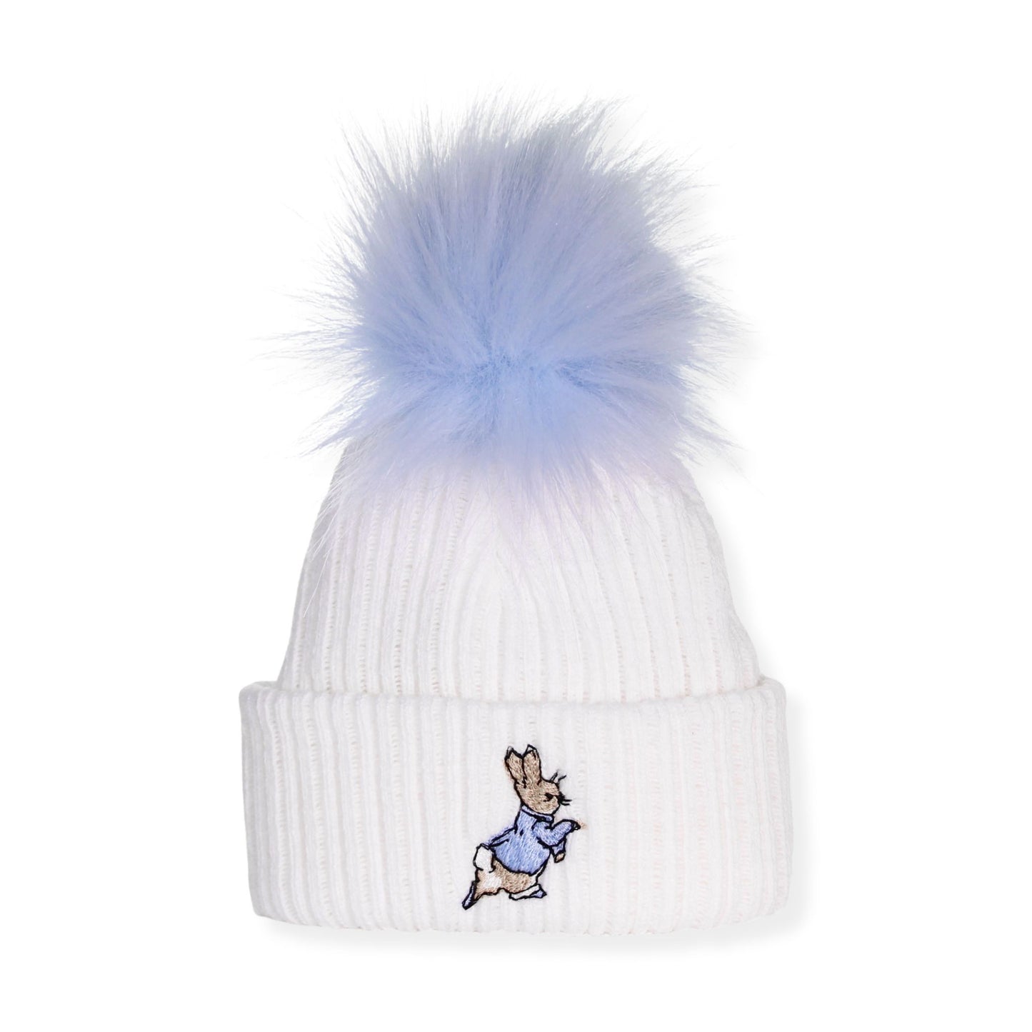 White beanie with a blue pom-pom and embroidered bunny design on a white background