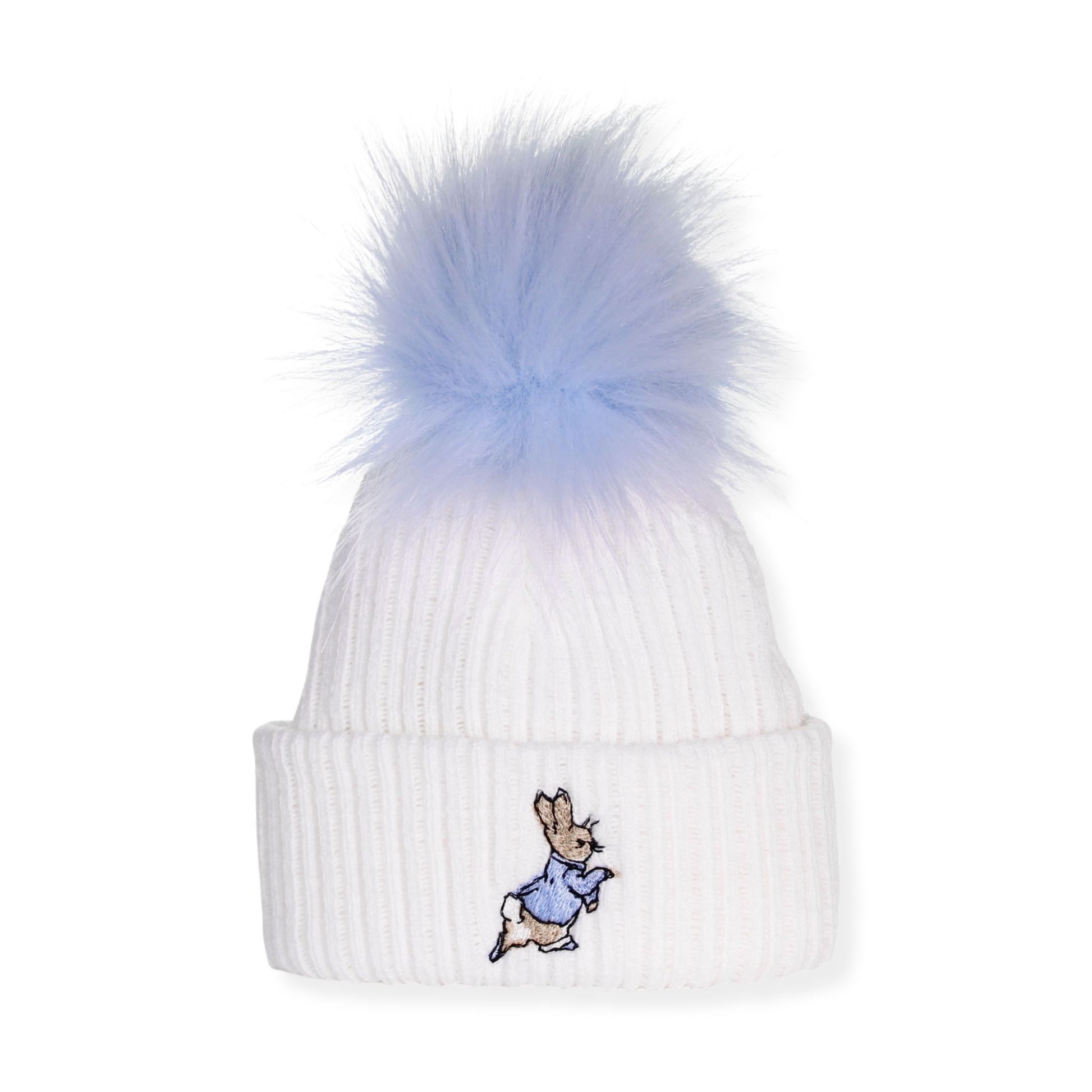 White beanie with a blue pom-pom and embroidered bunny design on a white background