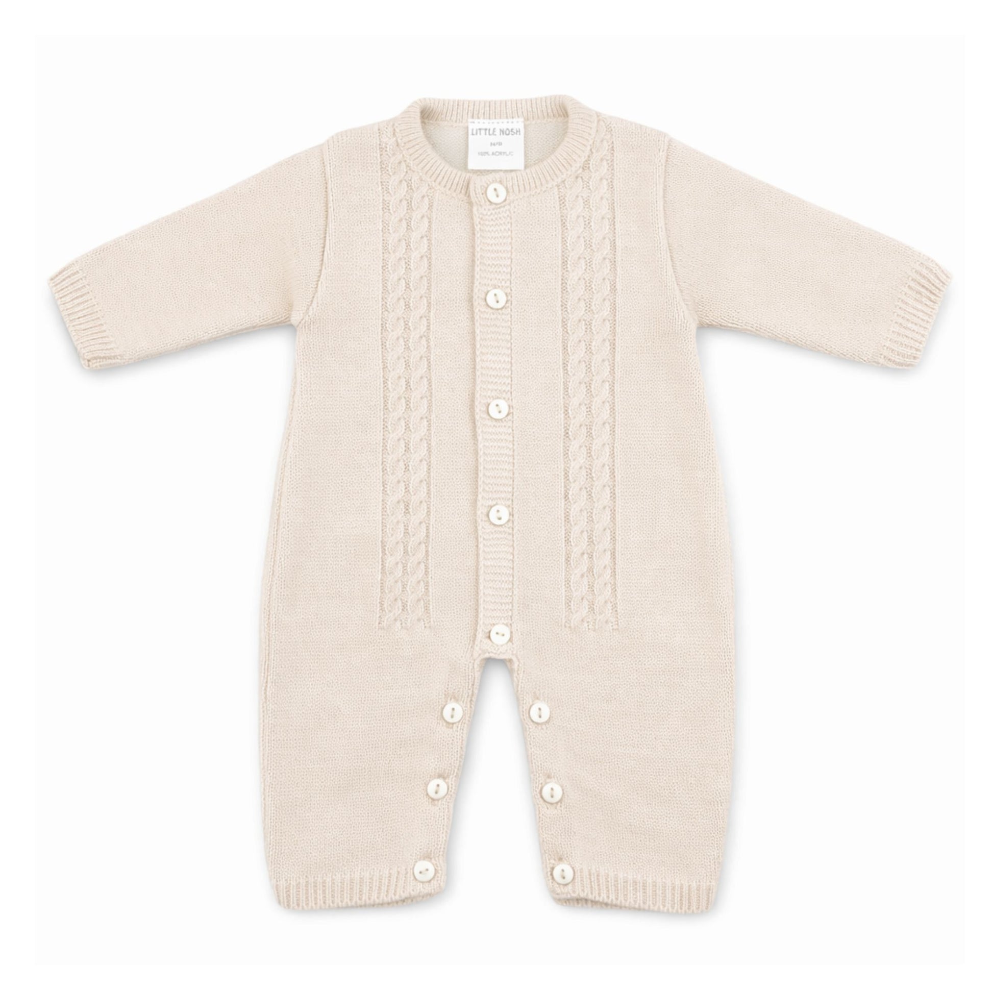 Beige knitted baby romper with button details on a white background