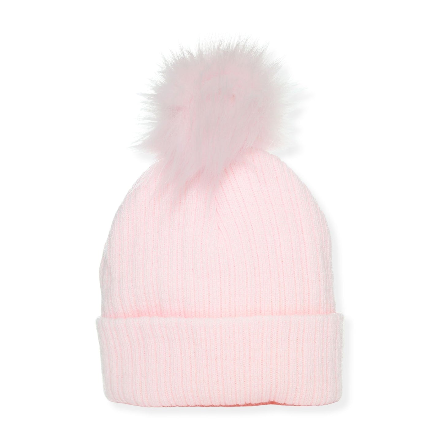 Pink beanie with a fur pom-pom on a white background