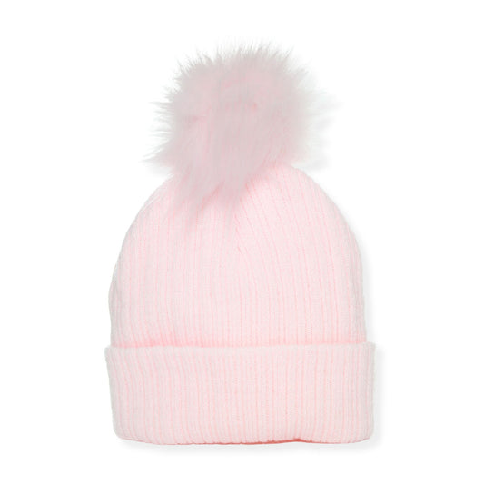 Pink beanie with a fur pom-pom on a white background