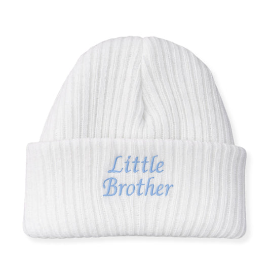 White beanie with 'Little Brother' embroidery on a white background