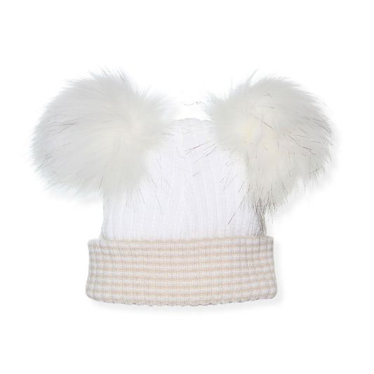 White knit beanie with fluffy pom-poms on a white background