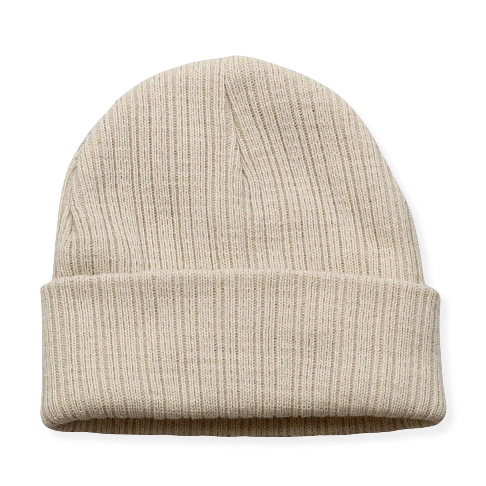 Beige knit beanie on a white background