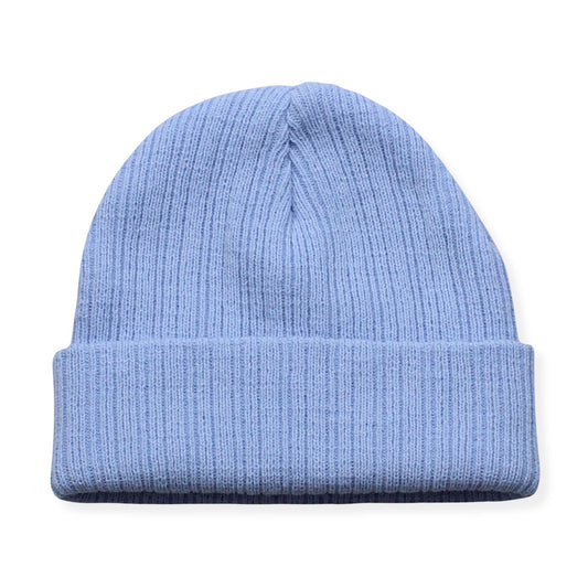 Light blue knit beanie on a white background