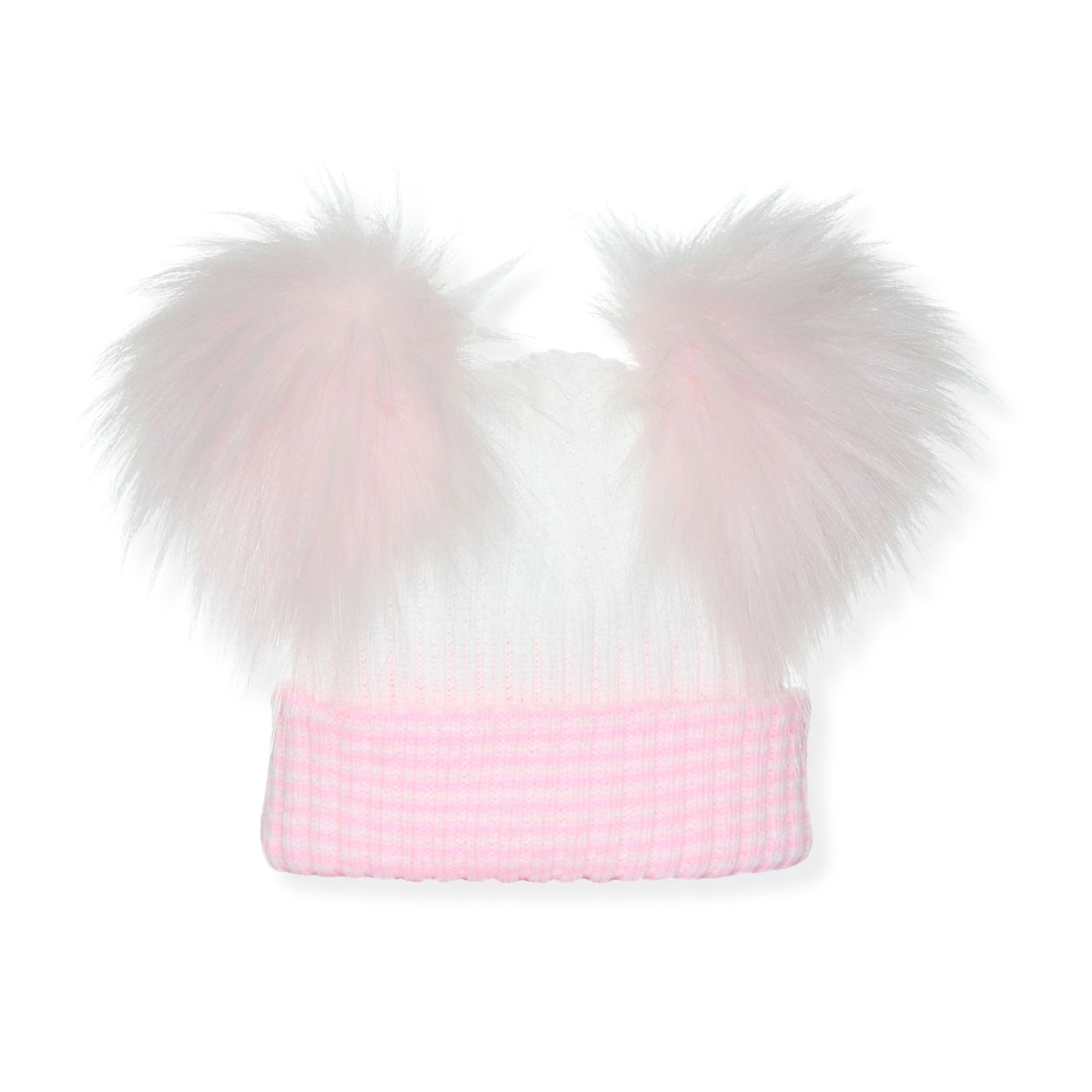 Pink beanie with pink fur pom-poms on a white background