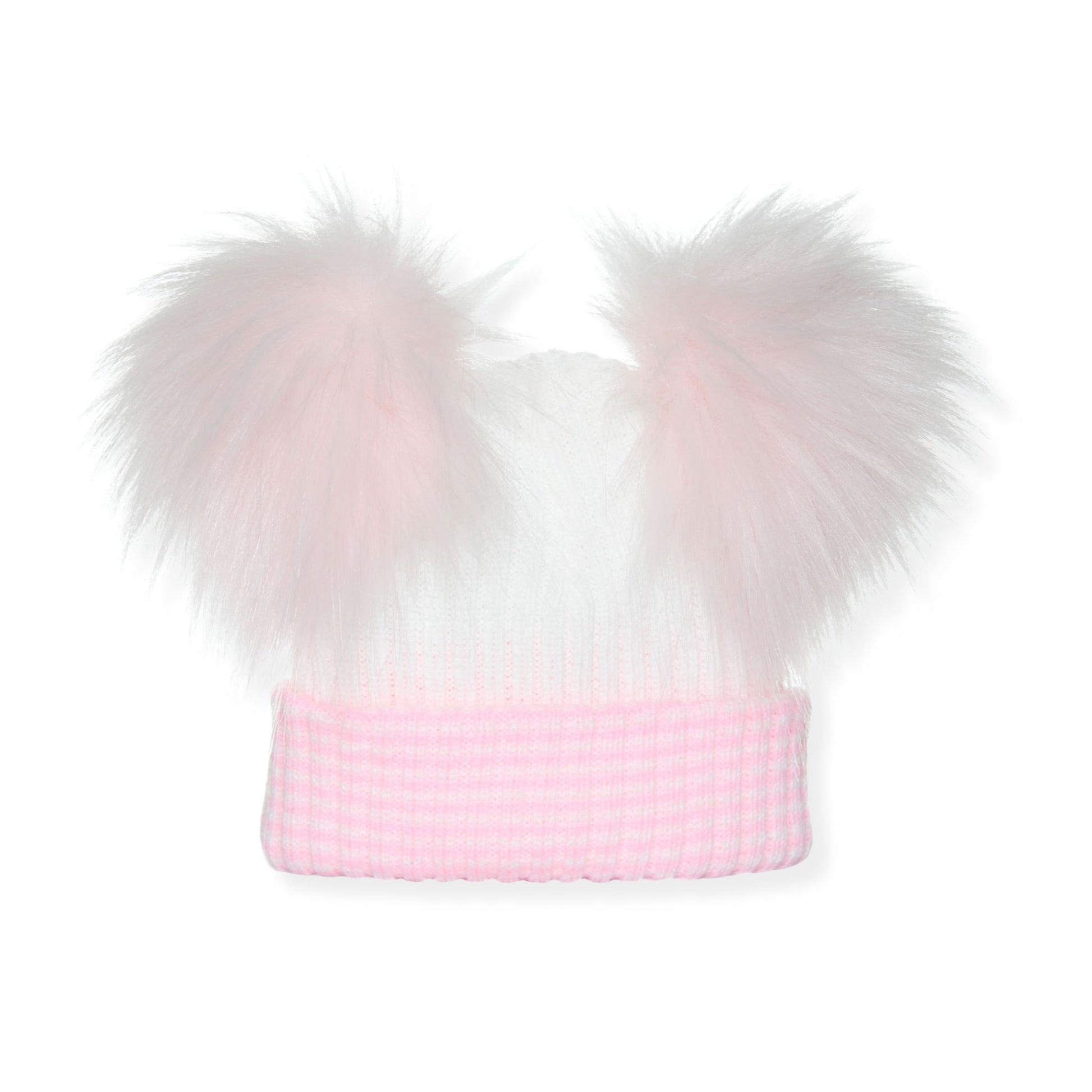 Pink beanie with pink fur pom-poms on a white background