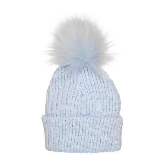 Light blue knit beanie with a blue pom-pom on a white background