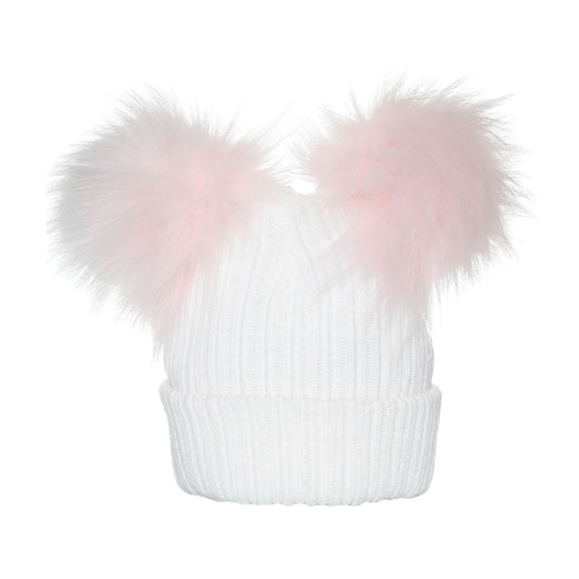 White knit beanie with pink fur pom-poms on a white background
