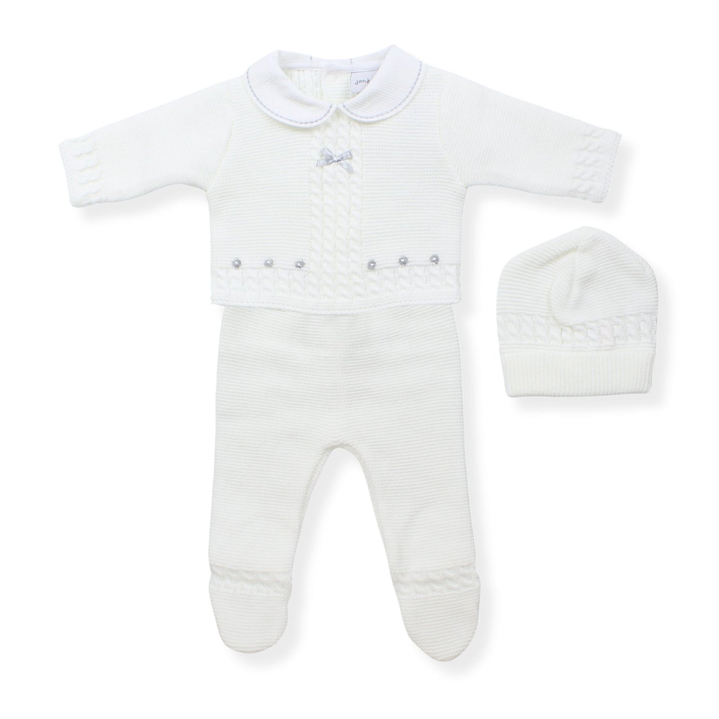 White baby two piece outfit with collar and matching hat on a white background