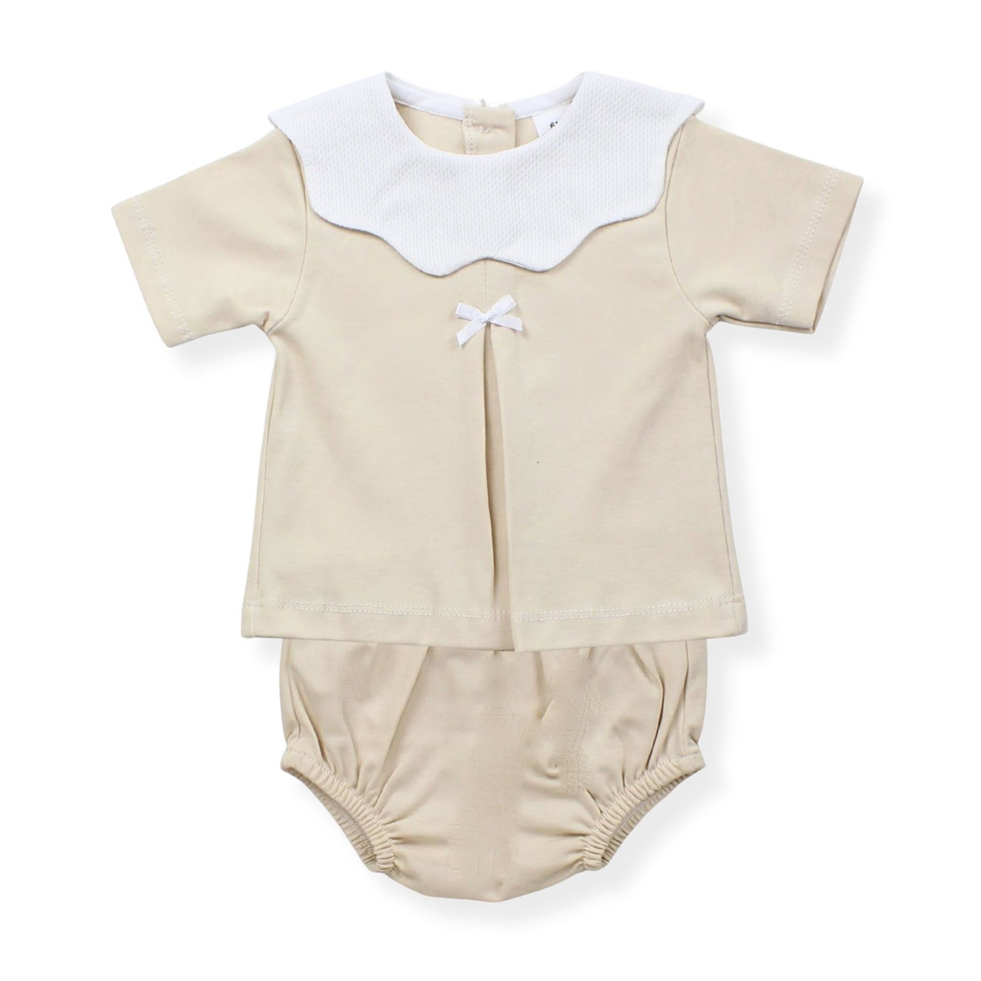 Beige baby outfit with white collar on a white background