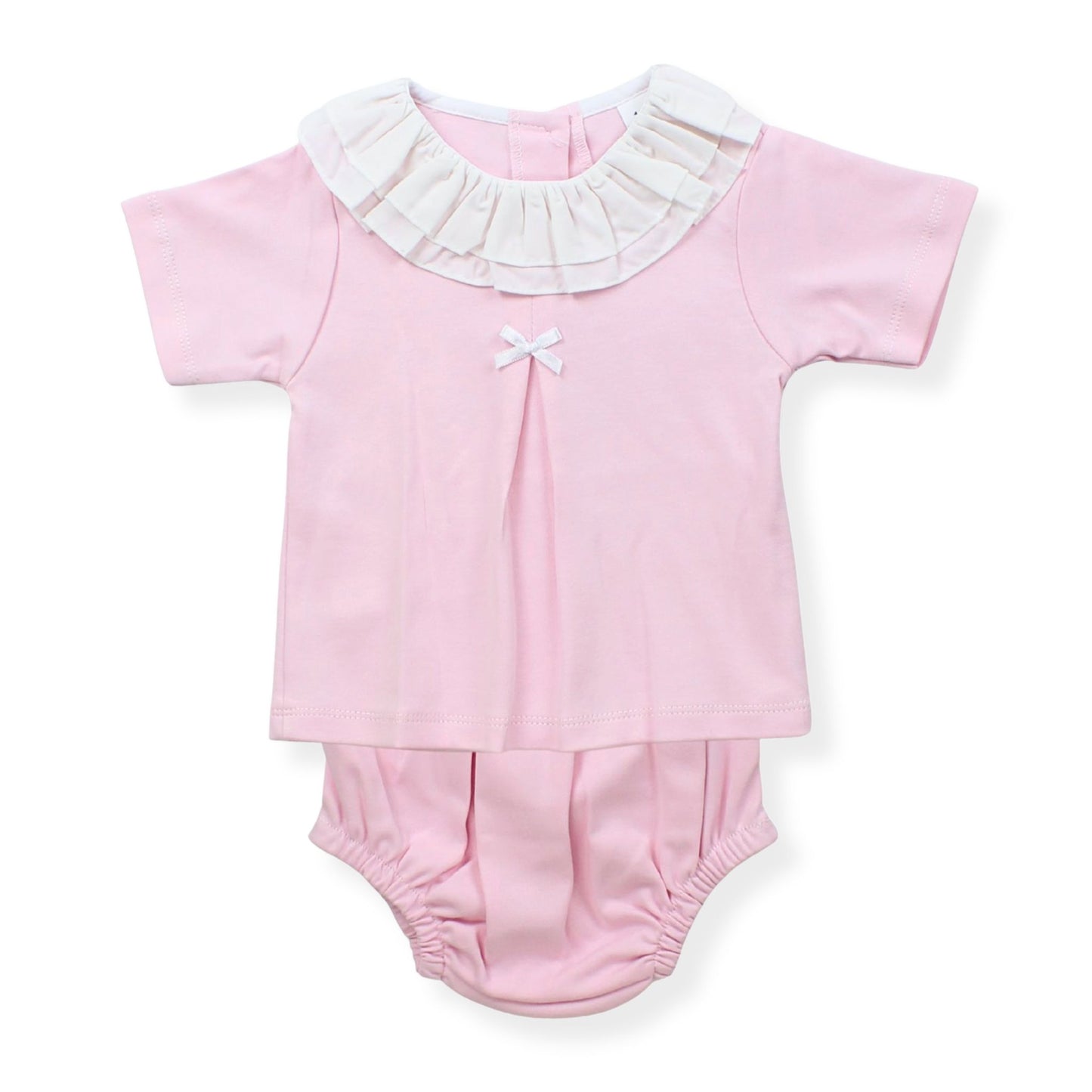 Pink baby outfit with white ruffled collar on a white background