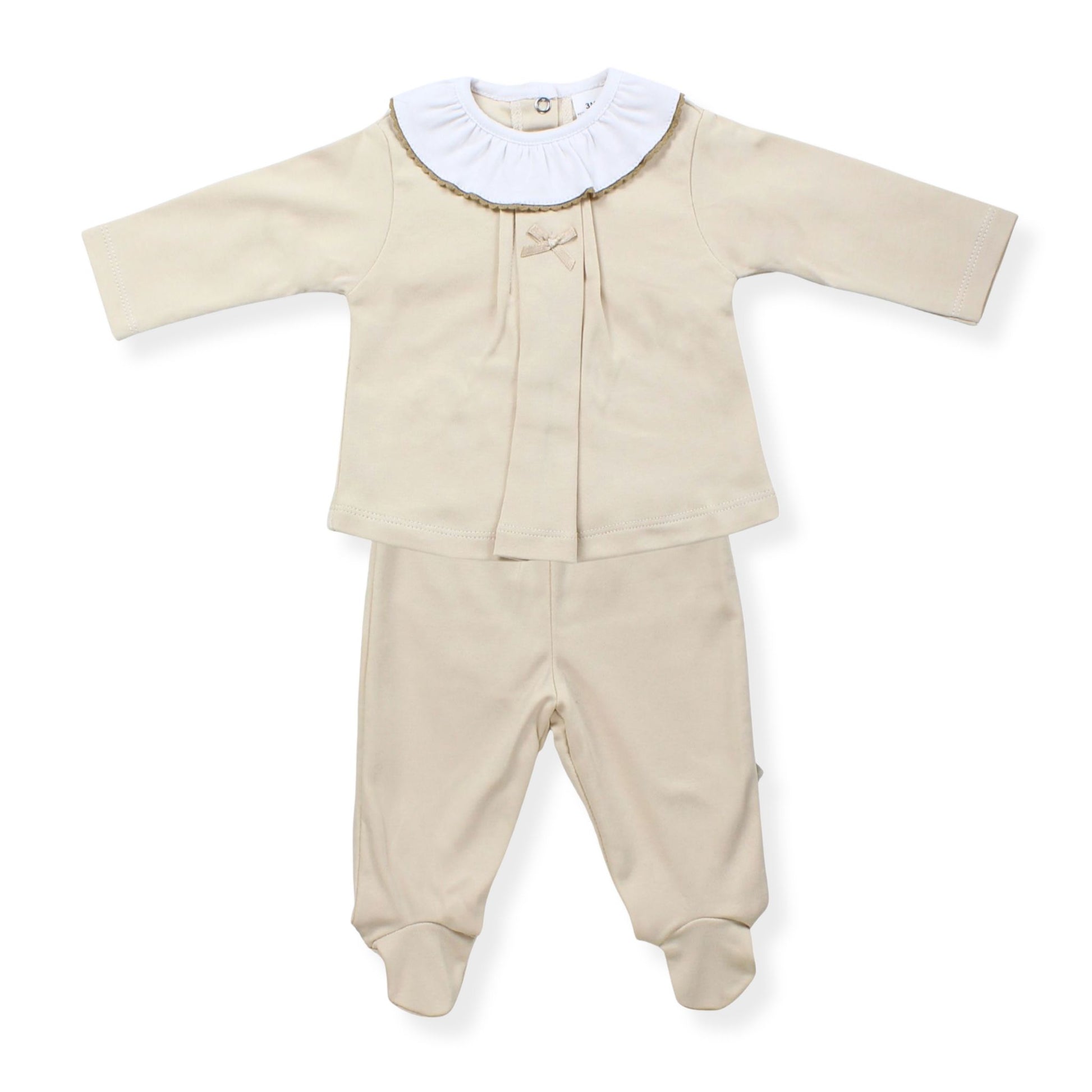 Beige baby outfit with a white collar on a white background