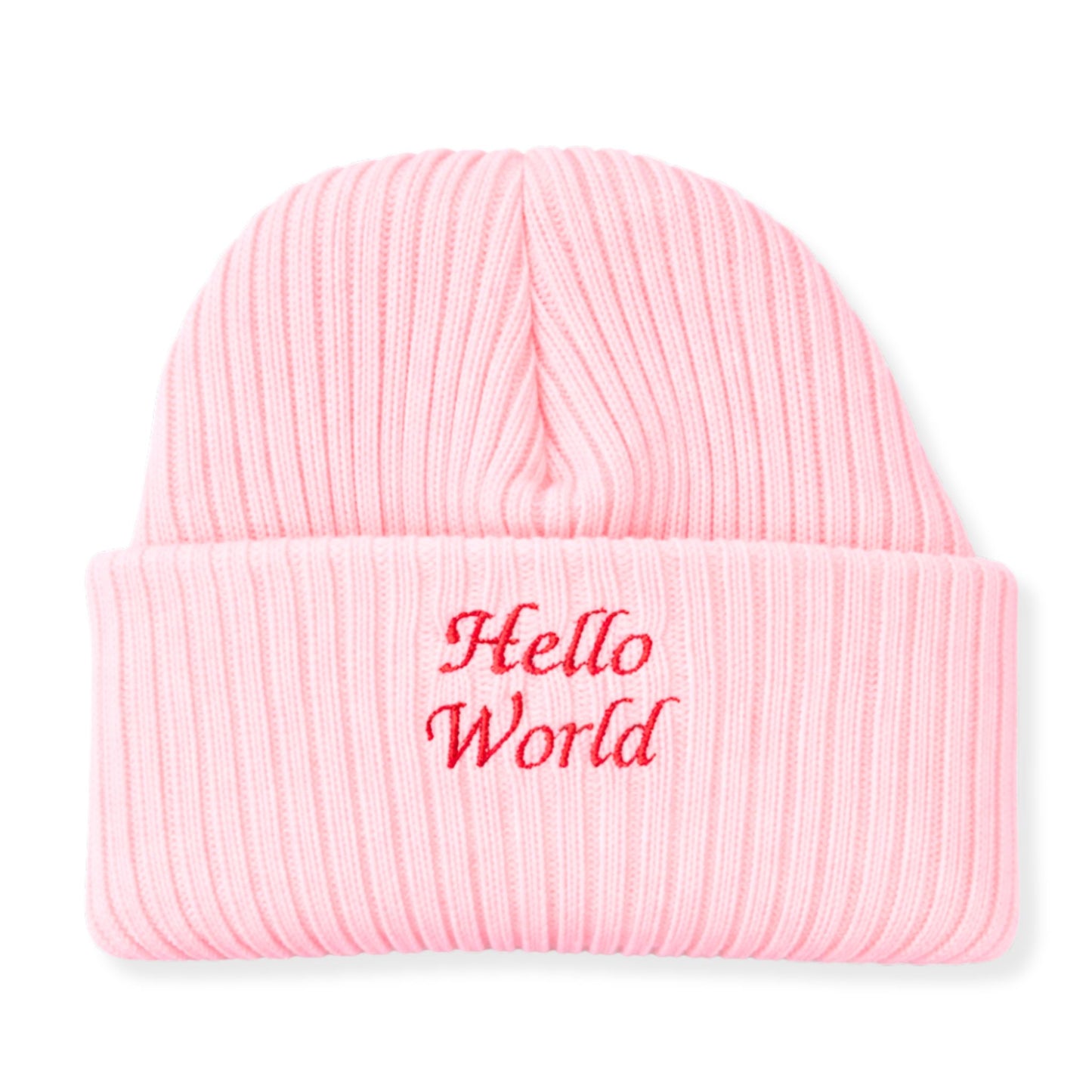 Pink beanie with 'Hello World' text on a white background