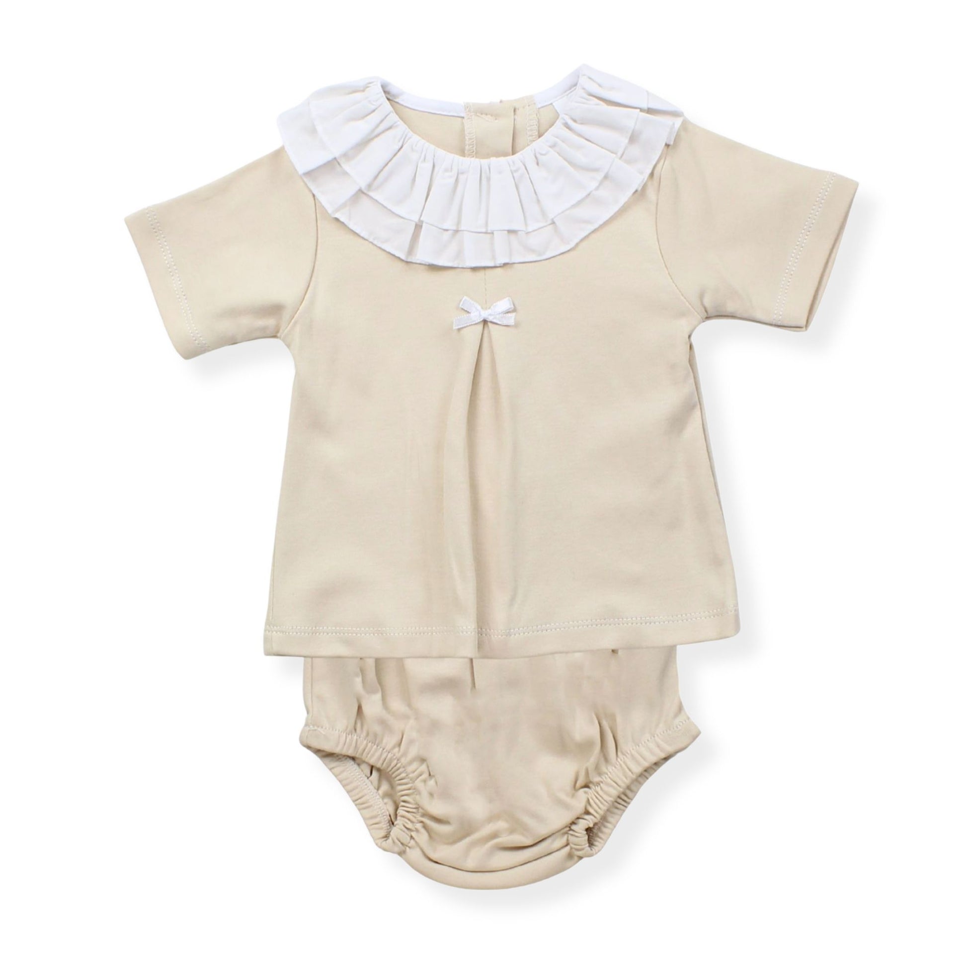 Beige baby outfit with white ruffled collar on a white background