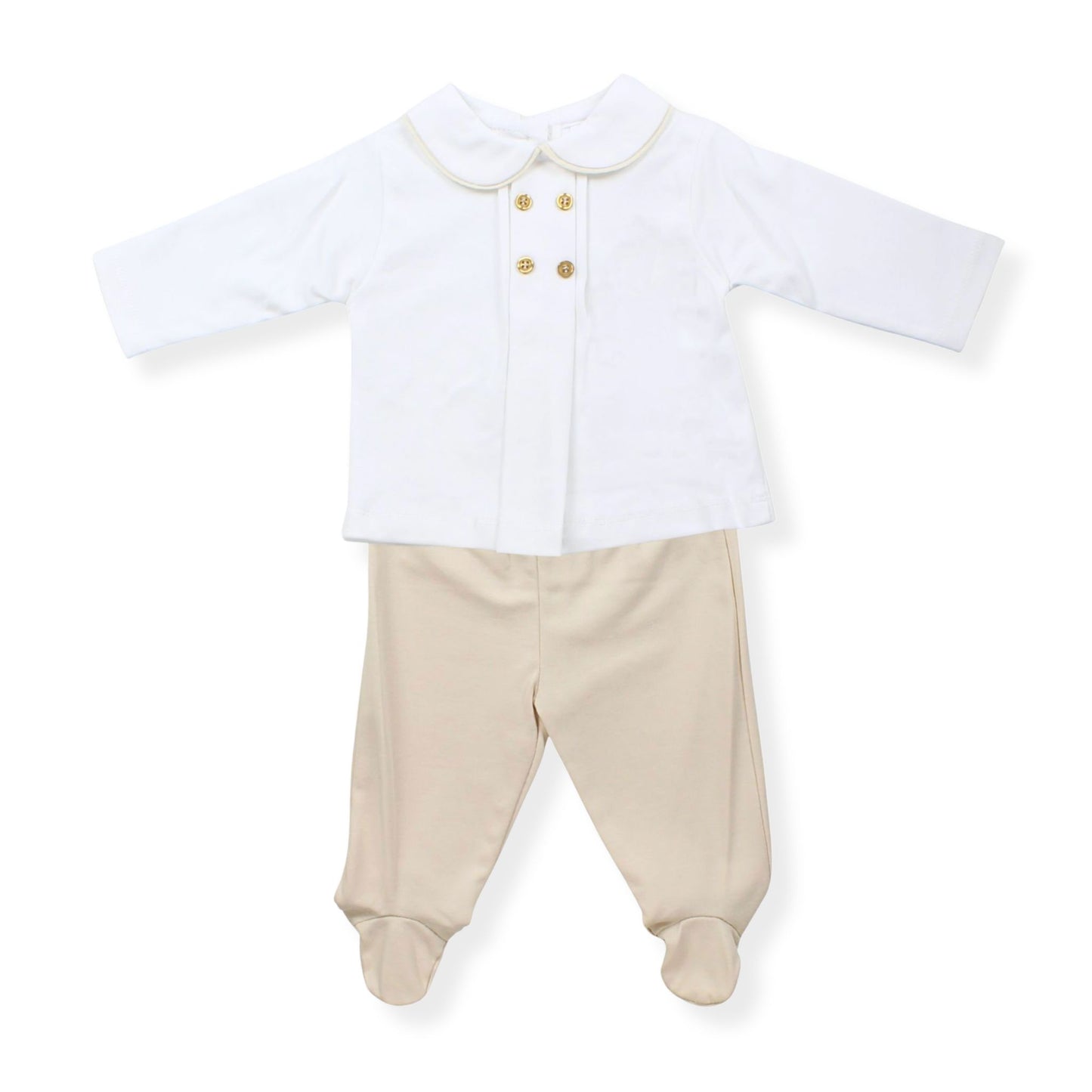 Baby outfit with white shirt and beige pants on a white background
